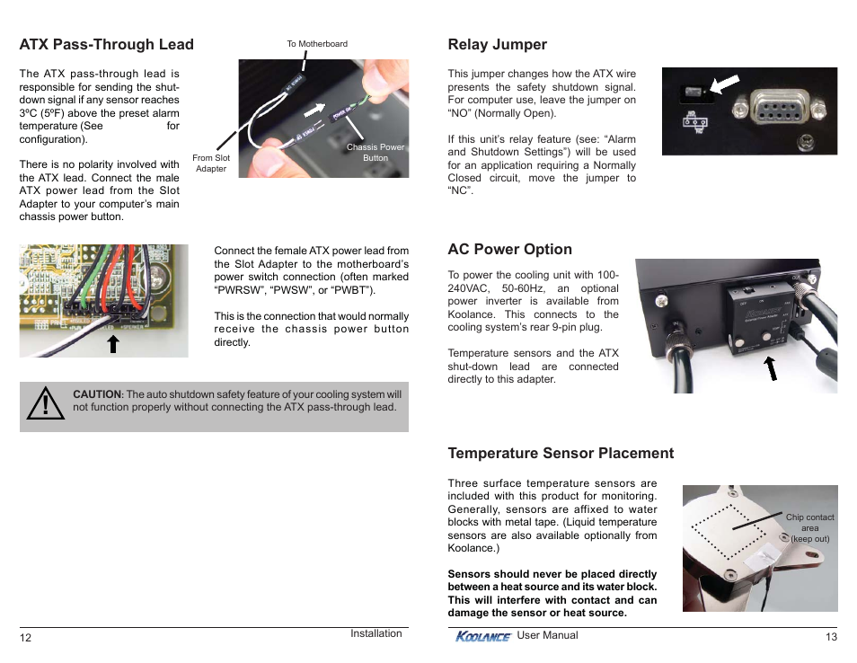 Atx pass-through lead, Ac power option, Temperature sensor placement | Relay jumper | Koolance EX2-755-R User Manual | Page 10 / 16