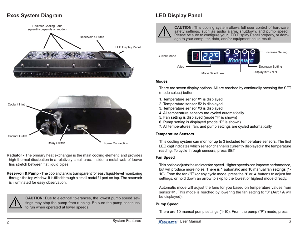 Exos system diagram, Led display panel | Koolance EX2-755-R User Manual | Page 5 / 16