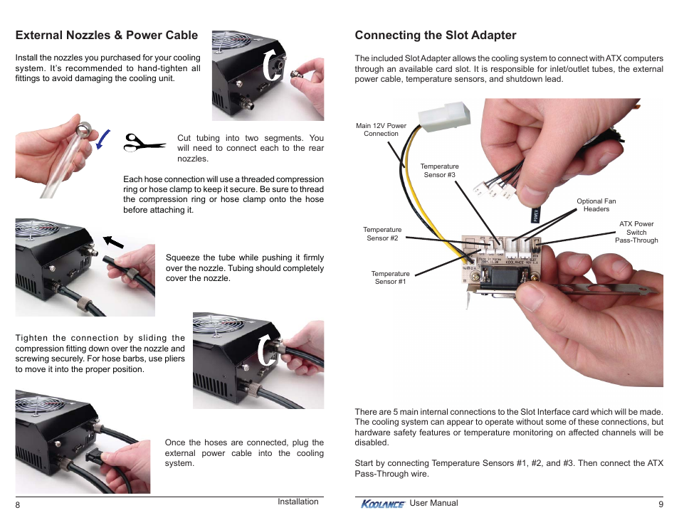 External nozzles & power cable, Connecting the slot adapter | Koolance EX2-755-R User Manual | Page 8 / 16