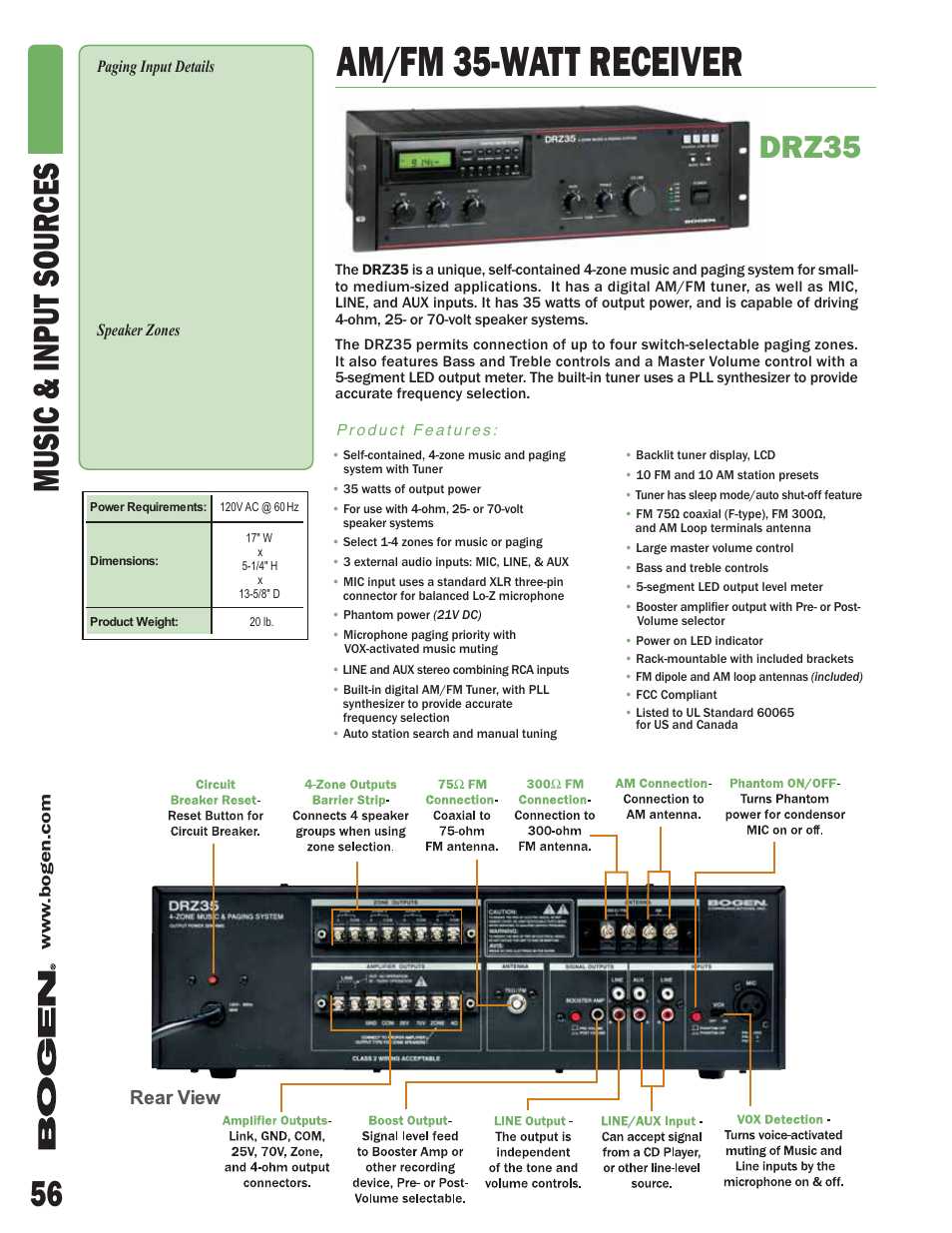 Am/fm 35-watt receiver, 56 music & input sour ces, Drz35 | Bogen DCM290P User Manual | Page 2 / 6