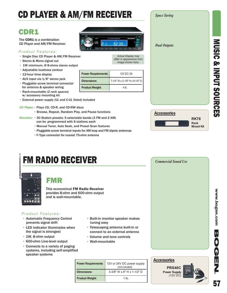 Cd player & am/fm receiver fm radio receiver, 57 music & input sour ces, Cdr1 | Bogen DCM290P User Manual | Page 3 / 6