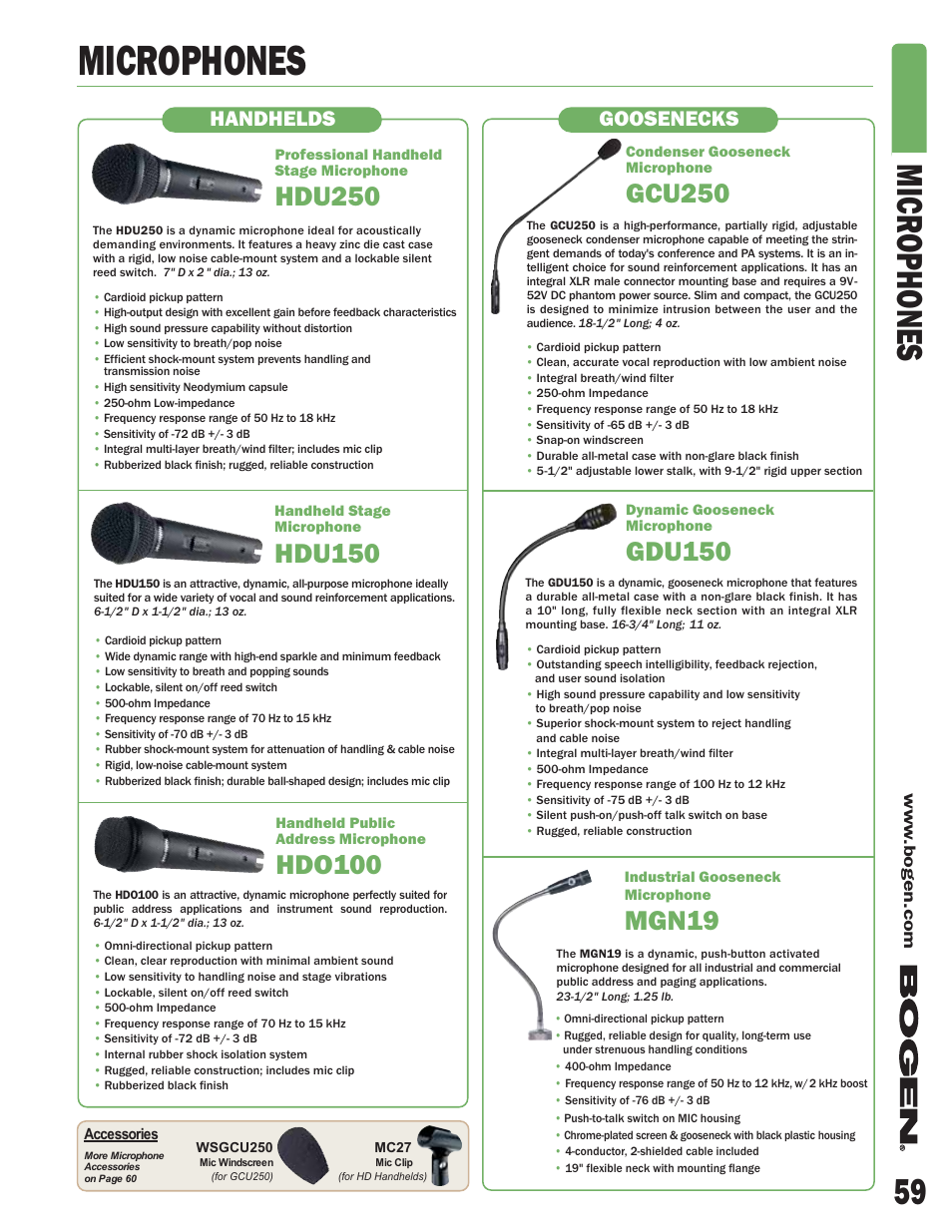 Microphones, 59 micr ophones, Gdu150 | Gcu250, Mgn19, Hdu250, Hdo100, Hdu150, Handhelds goosenecks | Bogen DCM290P User Manual | Page 5 / 6