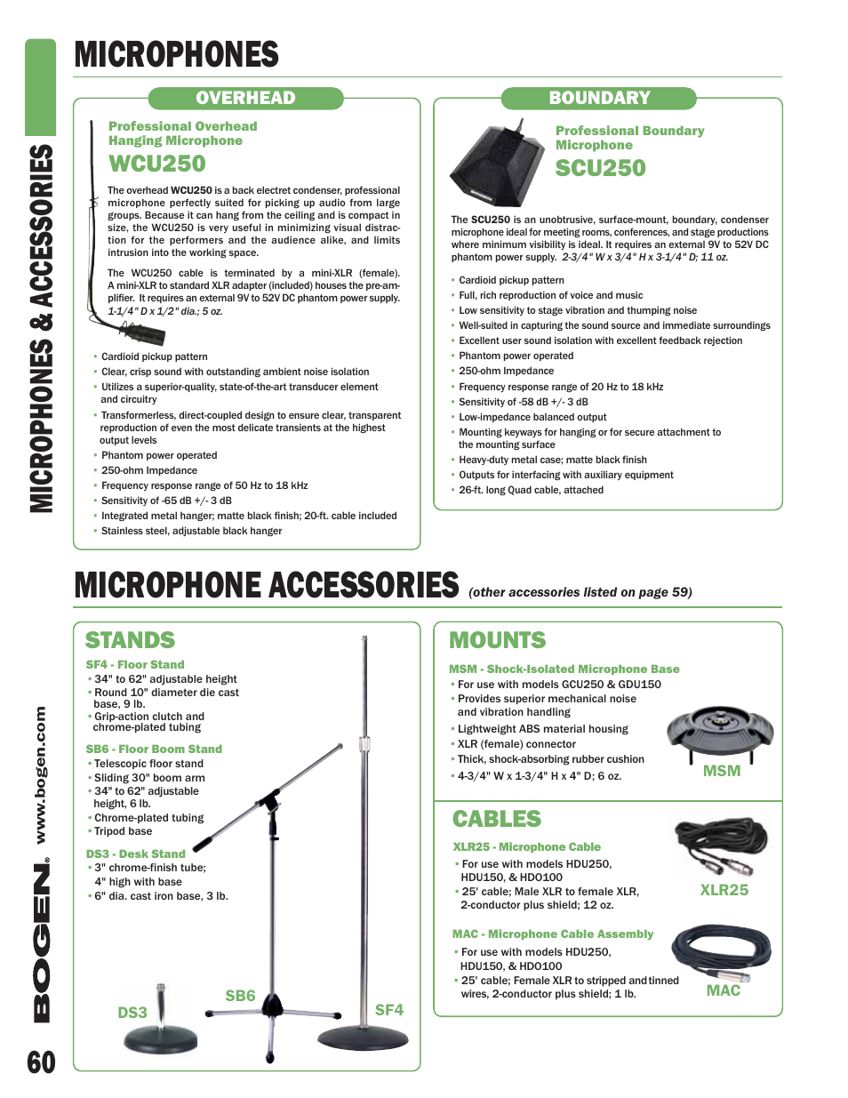 Microphones microphone accessories, 60 micr ophones & a ccessories, Cables mounts | Wcu250, Scu250, Stands, Overhead boundary | Bogen DCM290P User Manual | Page 6 / 6