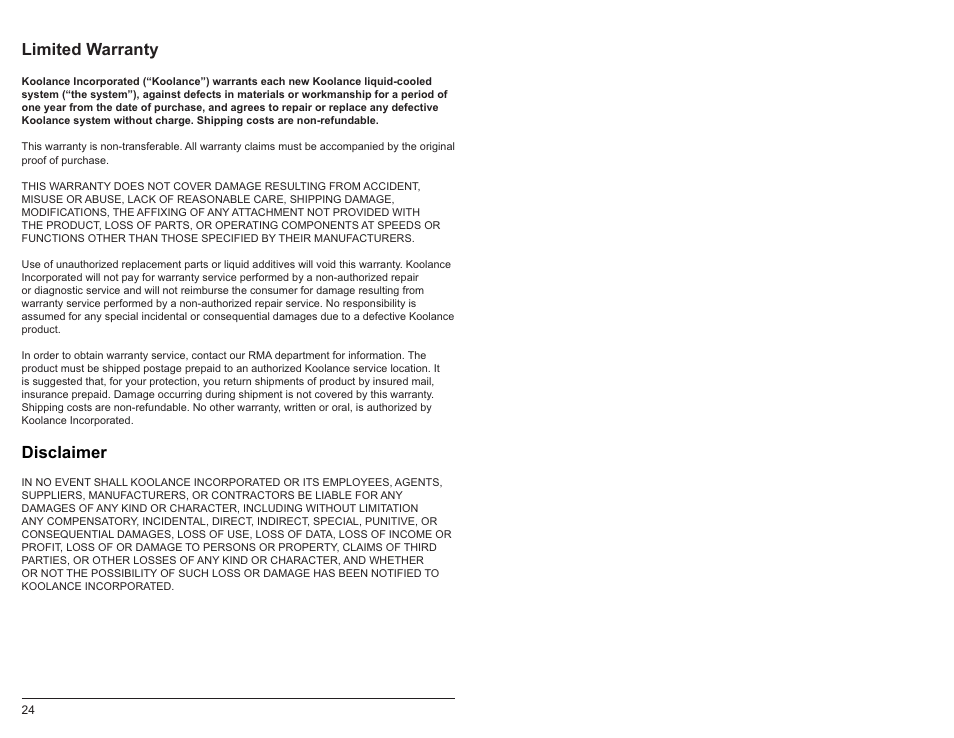 Limited warranty disclaimer | Koolance EXT-400SL User Manual | Page 29 / 30