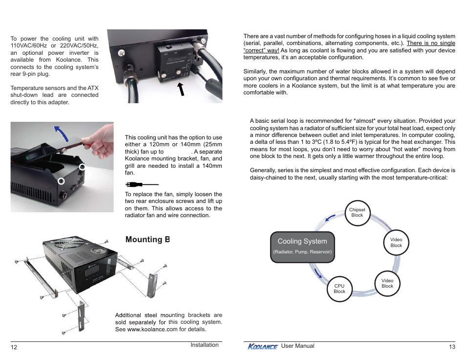Cooler & tubing configuration, Ac power option, Swapping the fan mounting brackets | Koolance EXT-440CU-R User Manual | Page 10 / 16