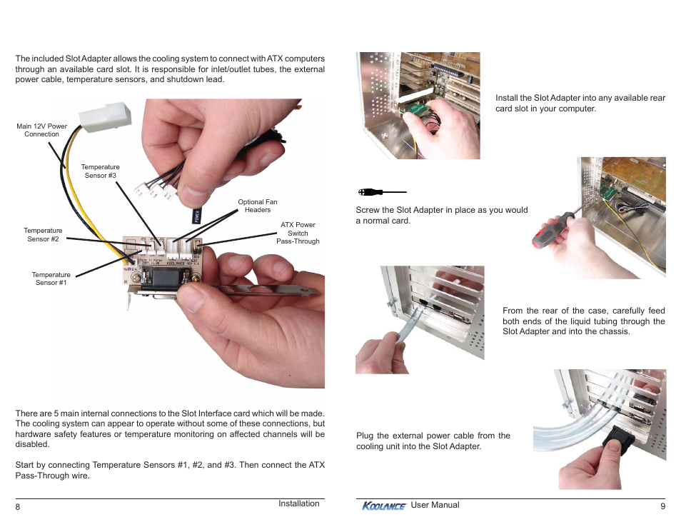 Connecting the slot adapter, Installing the slot adapter | Koolance EXT-440CU-R User Manual | Page 8 / 16