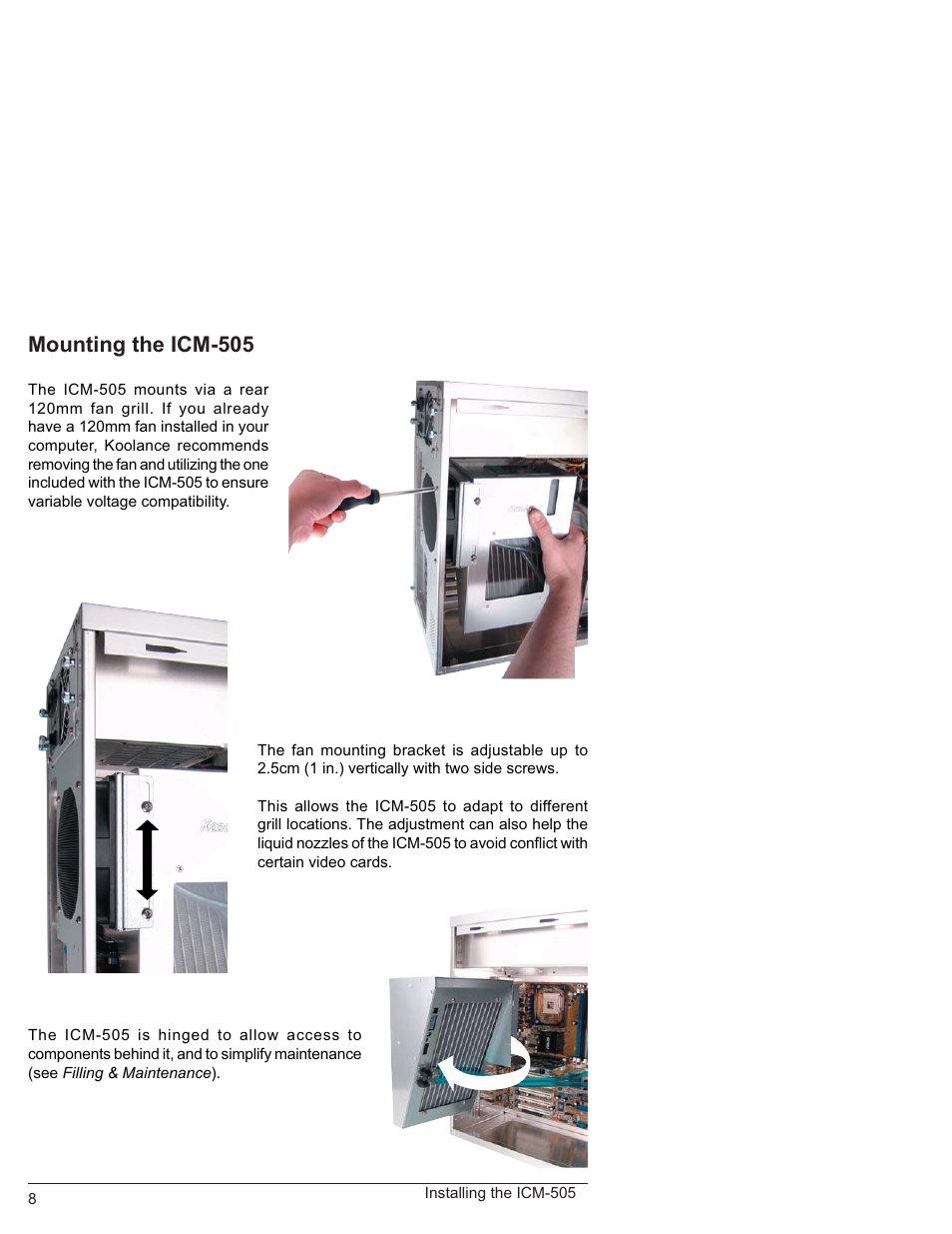 Mounting the icm-505 | Koolance ICM-505 User Manual | Page 13 / 36