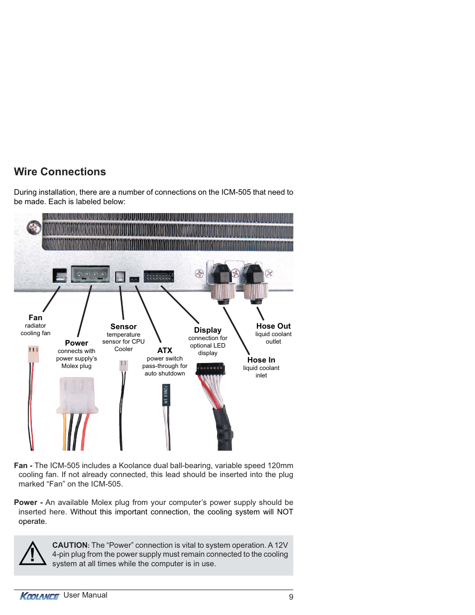 Wire connections | Koolance ICM-505 User Manual | Page 14 / 36