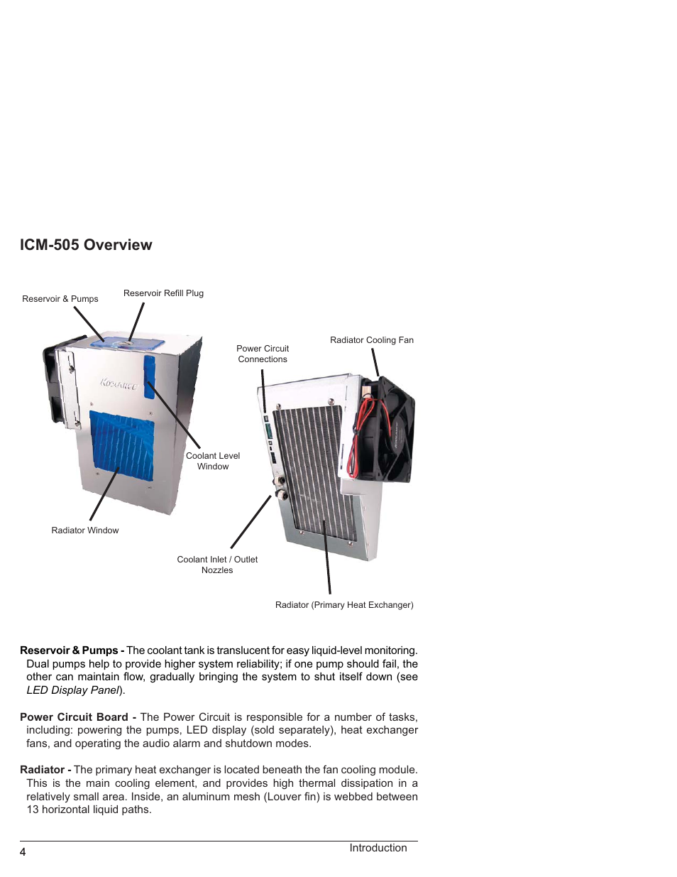 Icm-505 overview | Koolance ICM-505 User Manual | Page 9 / 36