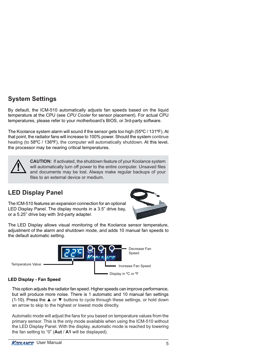 System settings, Led display panel | Koolance ICM-510 User Manual | Page 10 / 36
