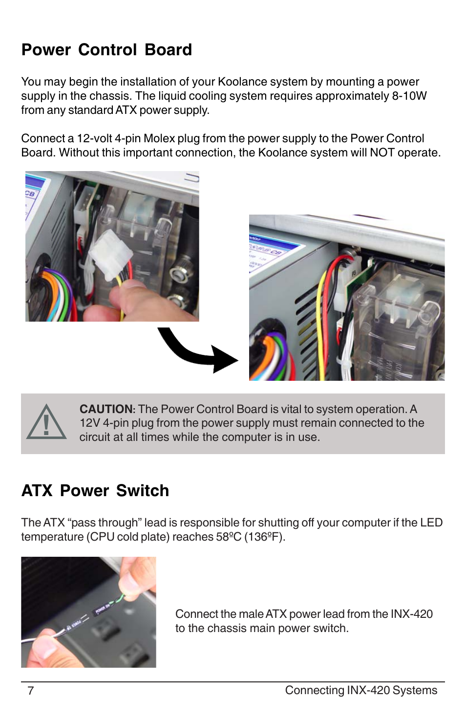Power control board, Atx power switch | Koolance PC3-420SL User Manual | Page 12 / 22