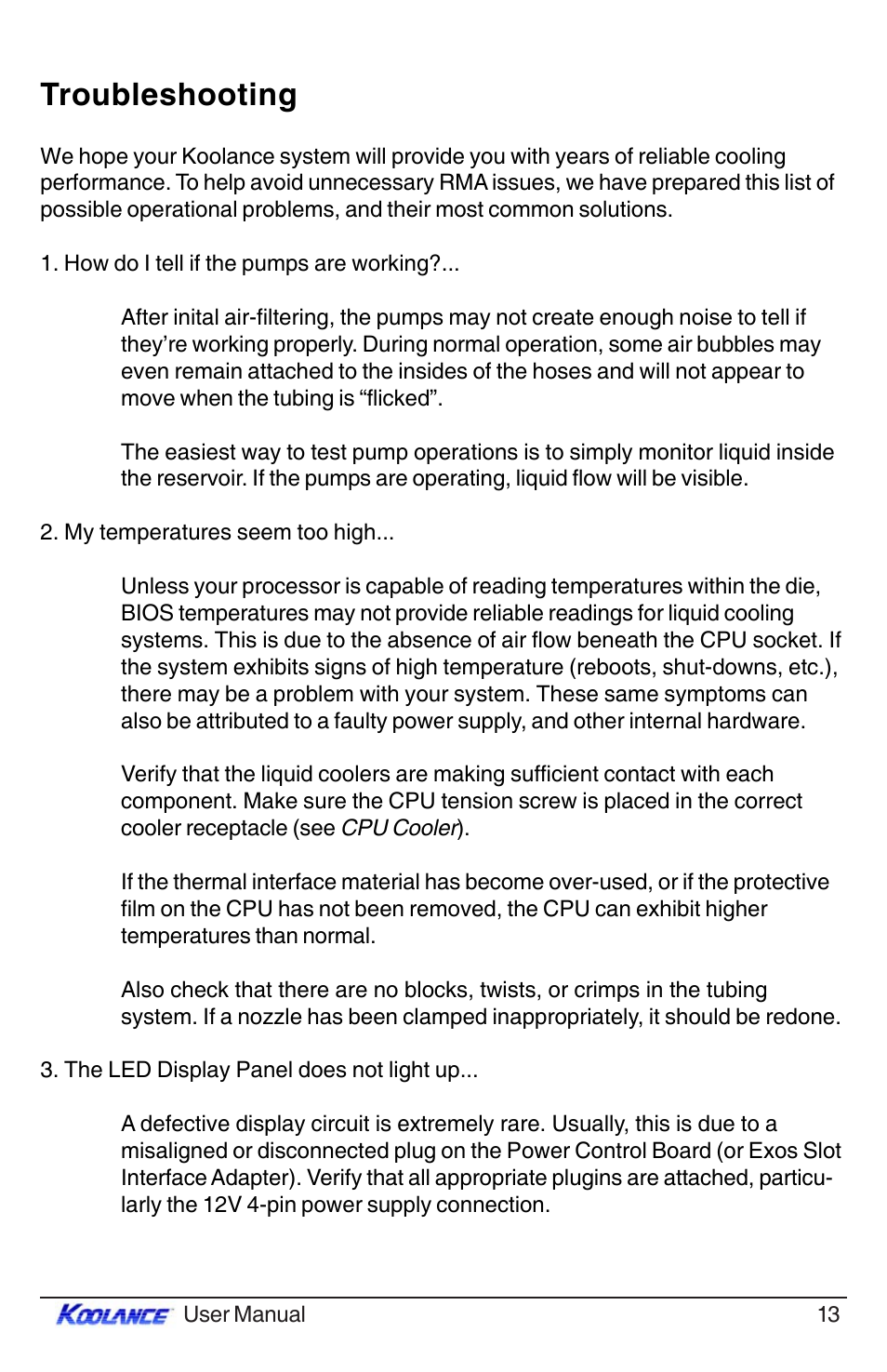 Troubleshooting | Koolance PC3-420SL User Manual | Page 18 / 22