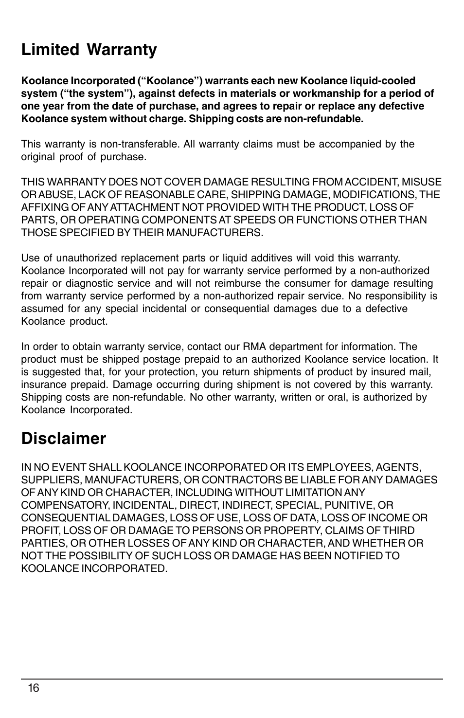Limited warranty disclaimer | Koolance PC3-420SL User Manual | Page 21 / 22