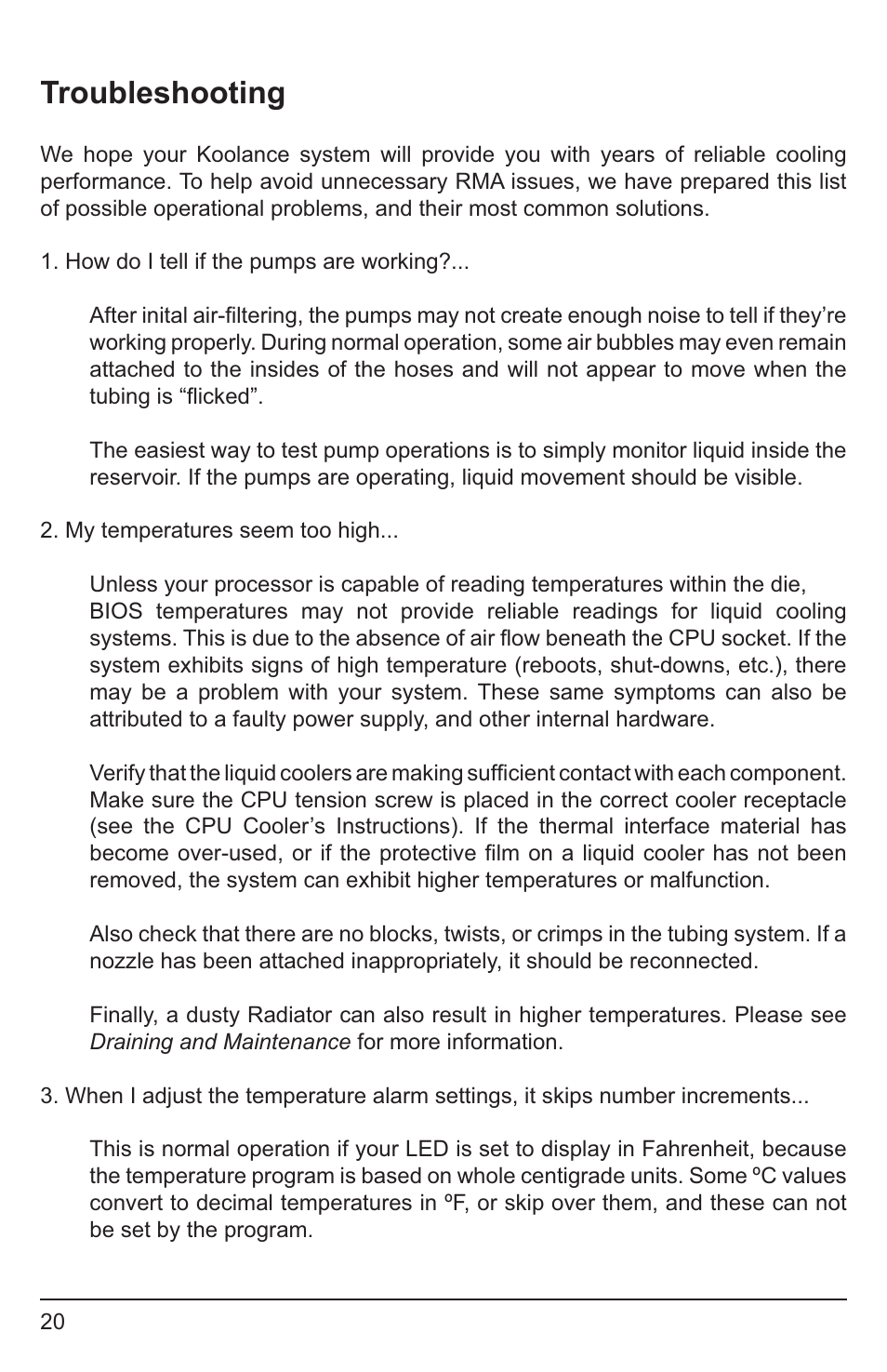 Troubleshooting | Koolance PC3-736SL User Manual | Page 25 / 29
