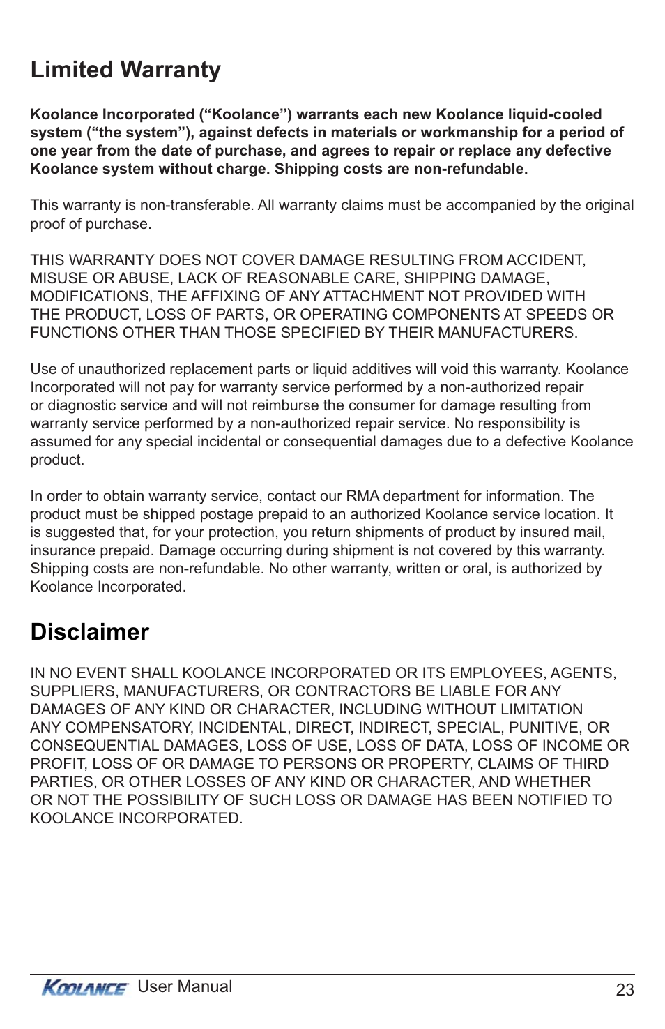 Limited warranty disclaimer | Koolance PC3-736SL User Manual | Page 28 / 29