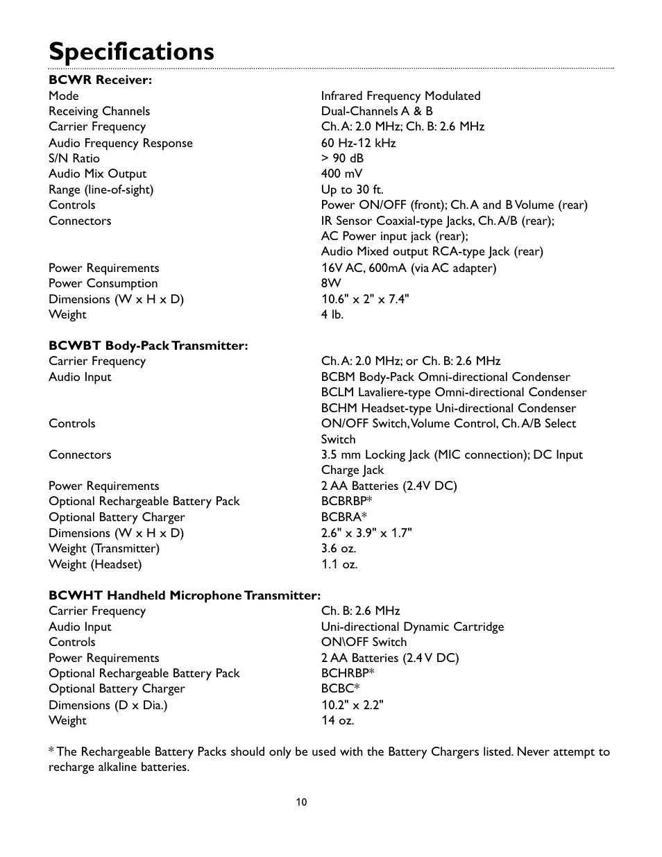 Specifications | Bogen BCWR Receiver User Manual | Page 10 / 12