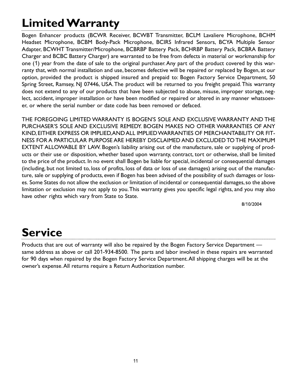 Limited warranty, Service | Bogen BCWR Receiver User Manual | Page 11 / 12