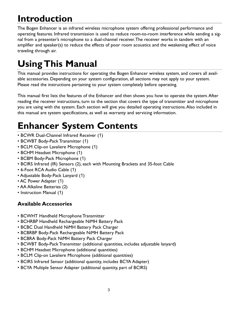 Introduction, Using this manual, Enhancer system contents | Bogen BCWR Receiver User Manual | Page 3 / 12