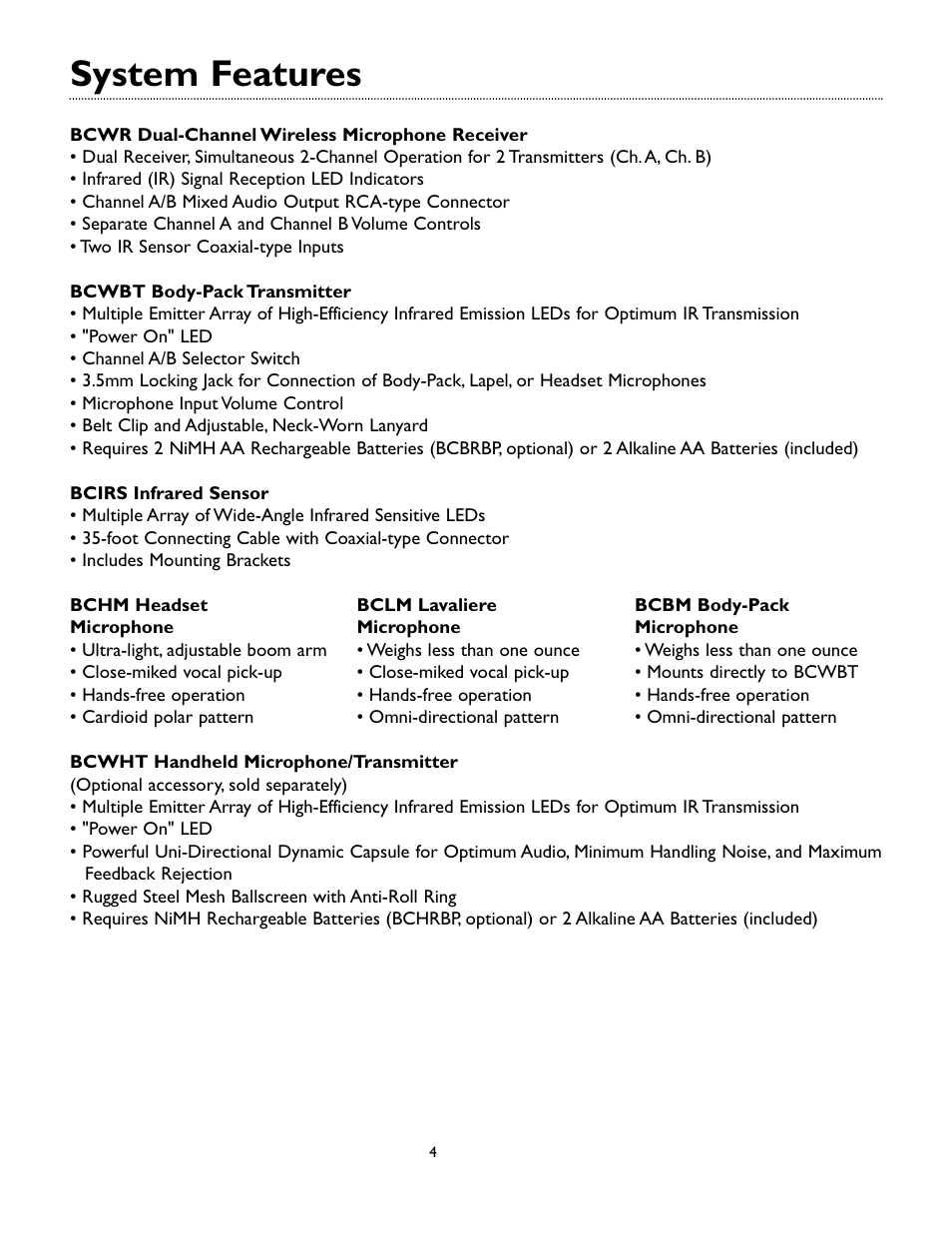 System features | Bogen BCWR Receiver User Manual | Page 4 / 12