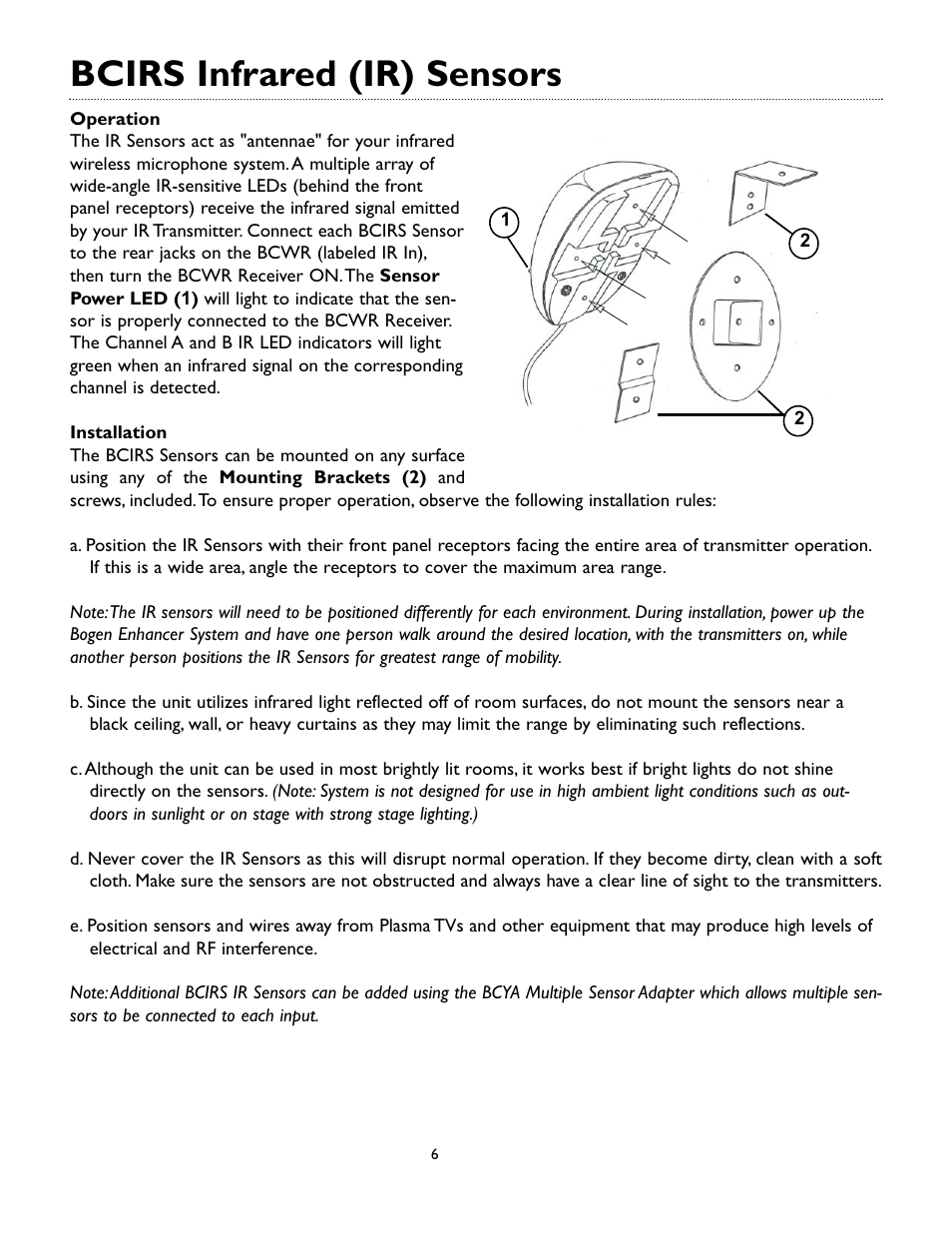 Bcirs infrared (ir) sensors | Bogen BCWR Receiver User Manual | Page 6 / 12