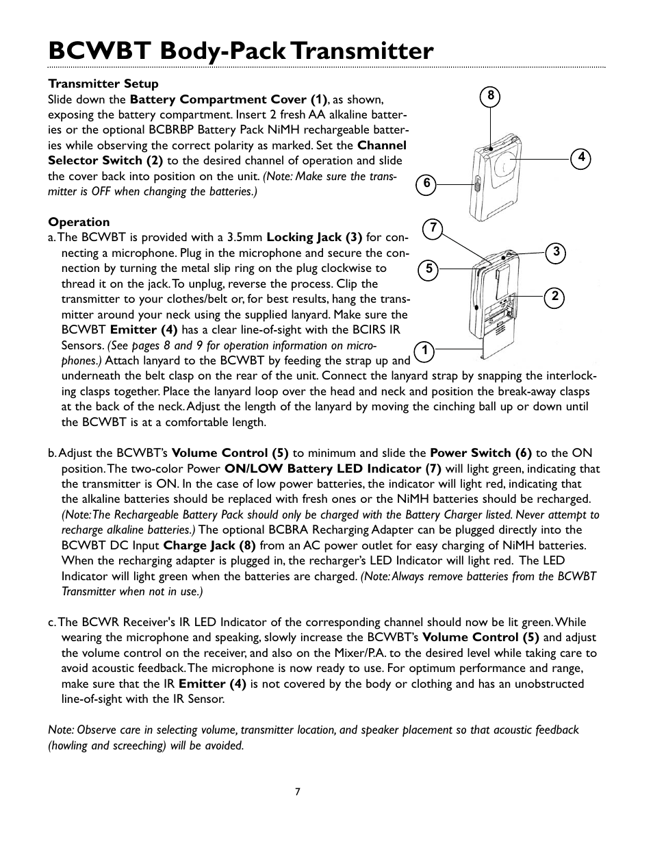 Bcwbt body-pack transmitter | Bogen BCWR Receiver User Manual | Page 7 / 12