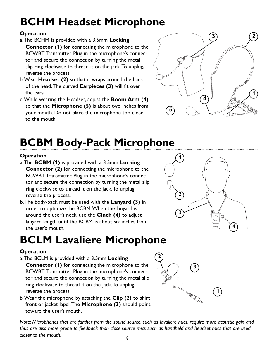 Bchm headset microphone | Bogen BCWR Receiver User Manual | Page 8 / 12