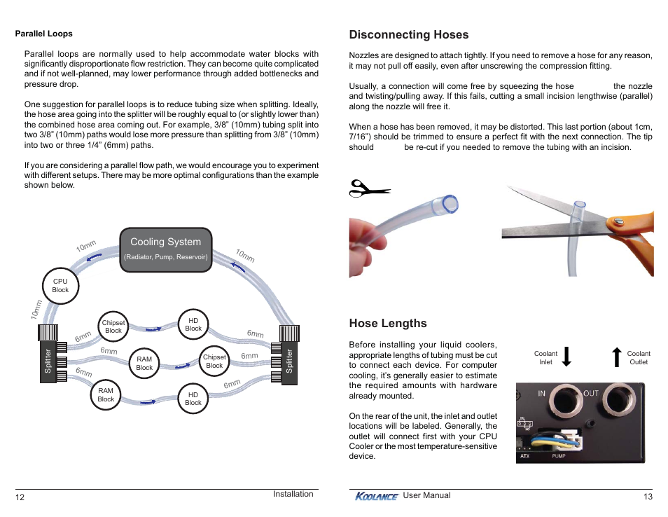 Disconnecting hoses hose lengths, Cooling system | Koolance RP-985 User Manual | Page 10 / 15