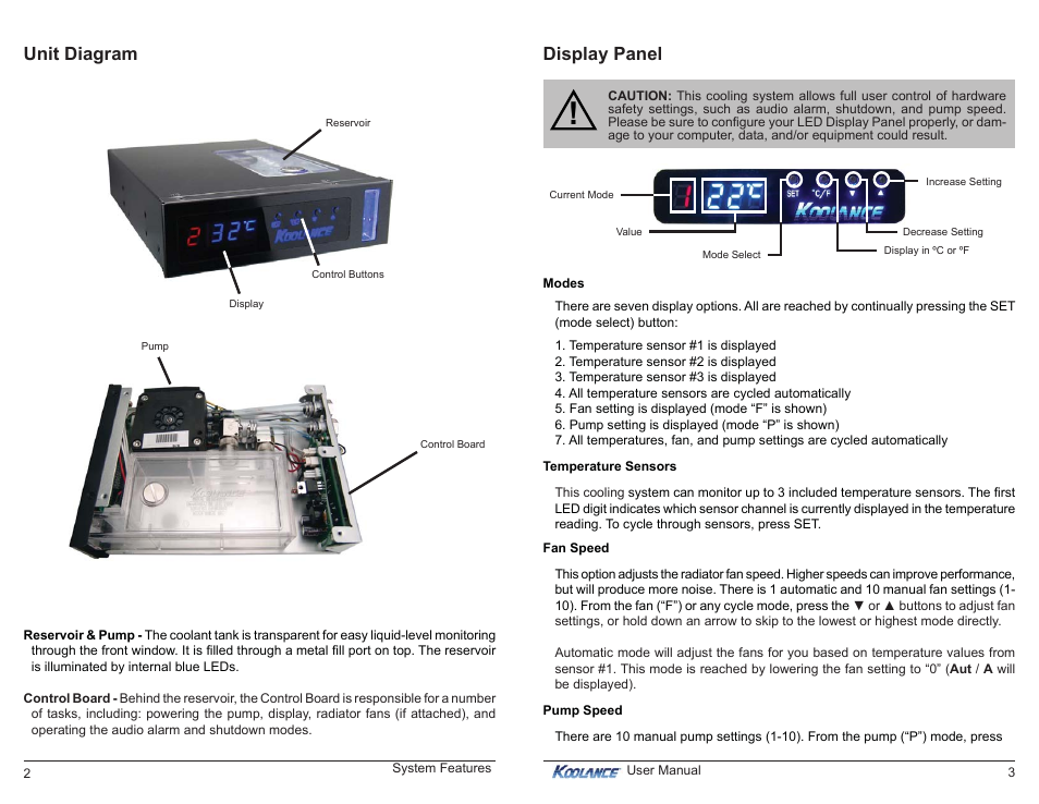 Unit diagram, Display panel | Koolance RP-985 User Manual | Page 5 / 15