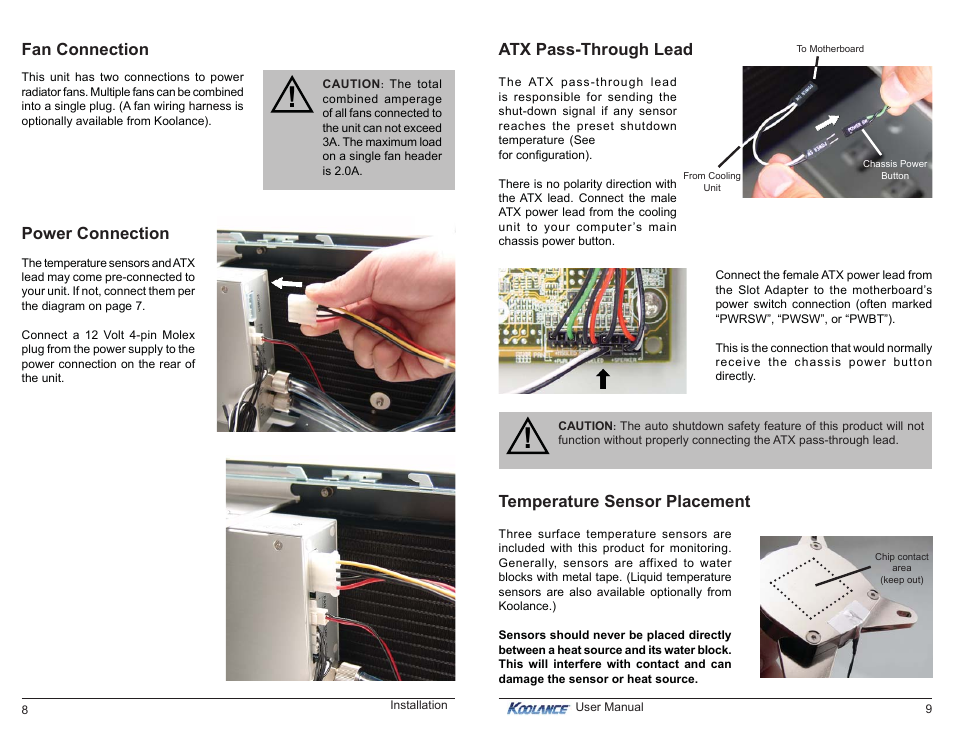 Atx pass-through lead, Power connection, Fan connection | Temperature sensor placement | Koolance RP-985 User Manual | Page 8 / 15