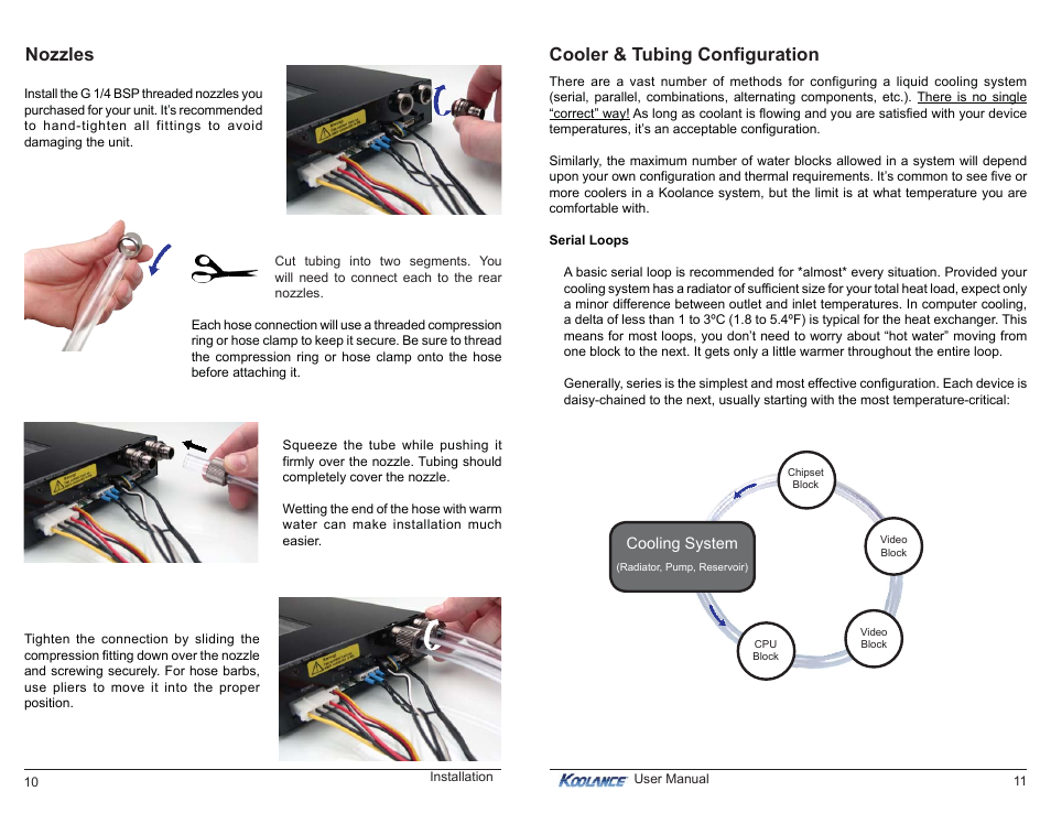 Cooler & tubing configuration, Nozzles | Koolance RP-985 User Manual | Page 9 / 15