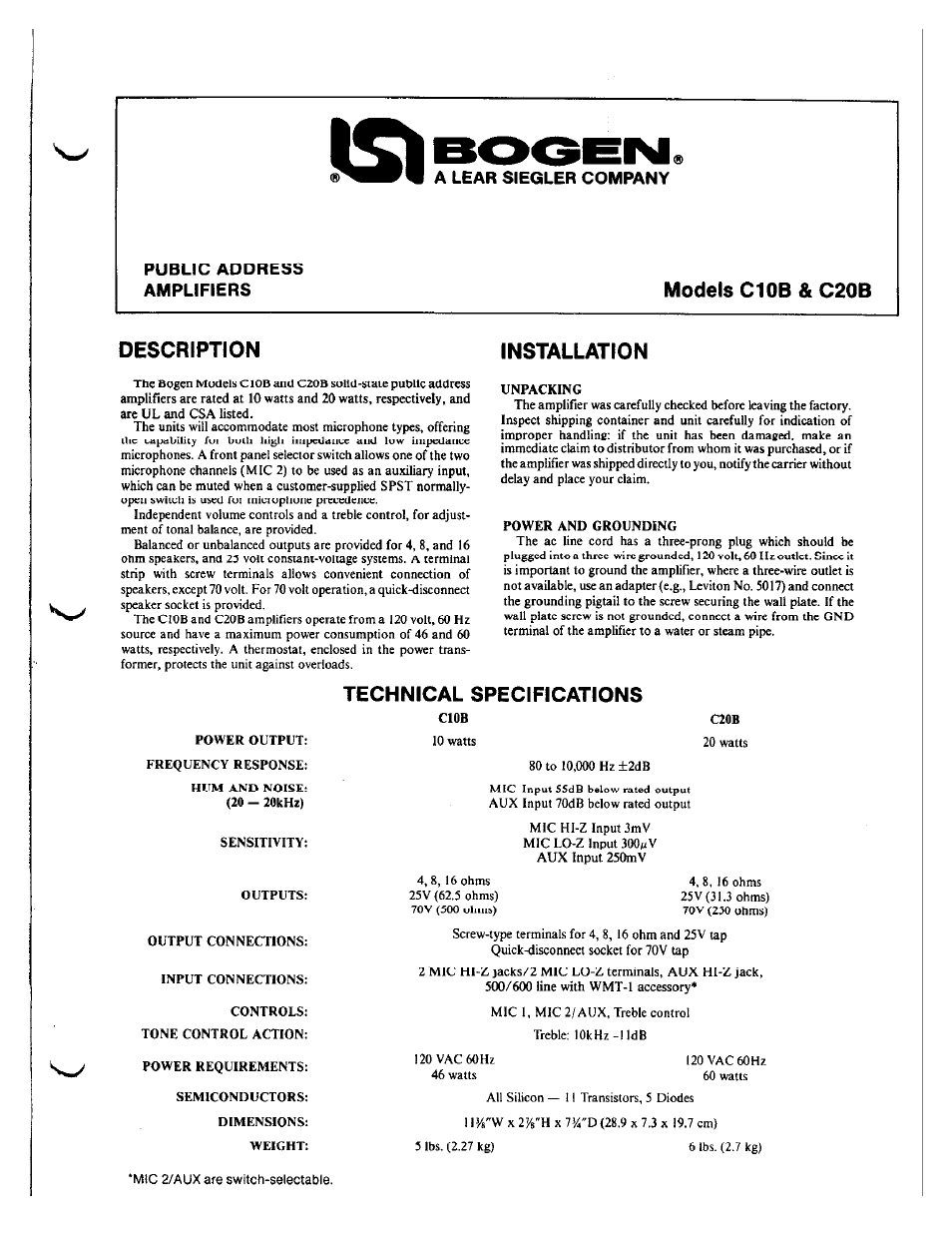 Bogen C10B User Manual | 3 pages