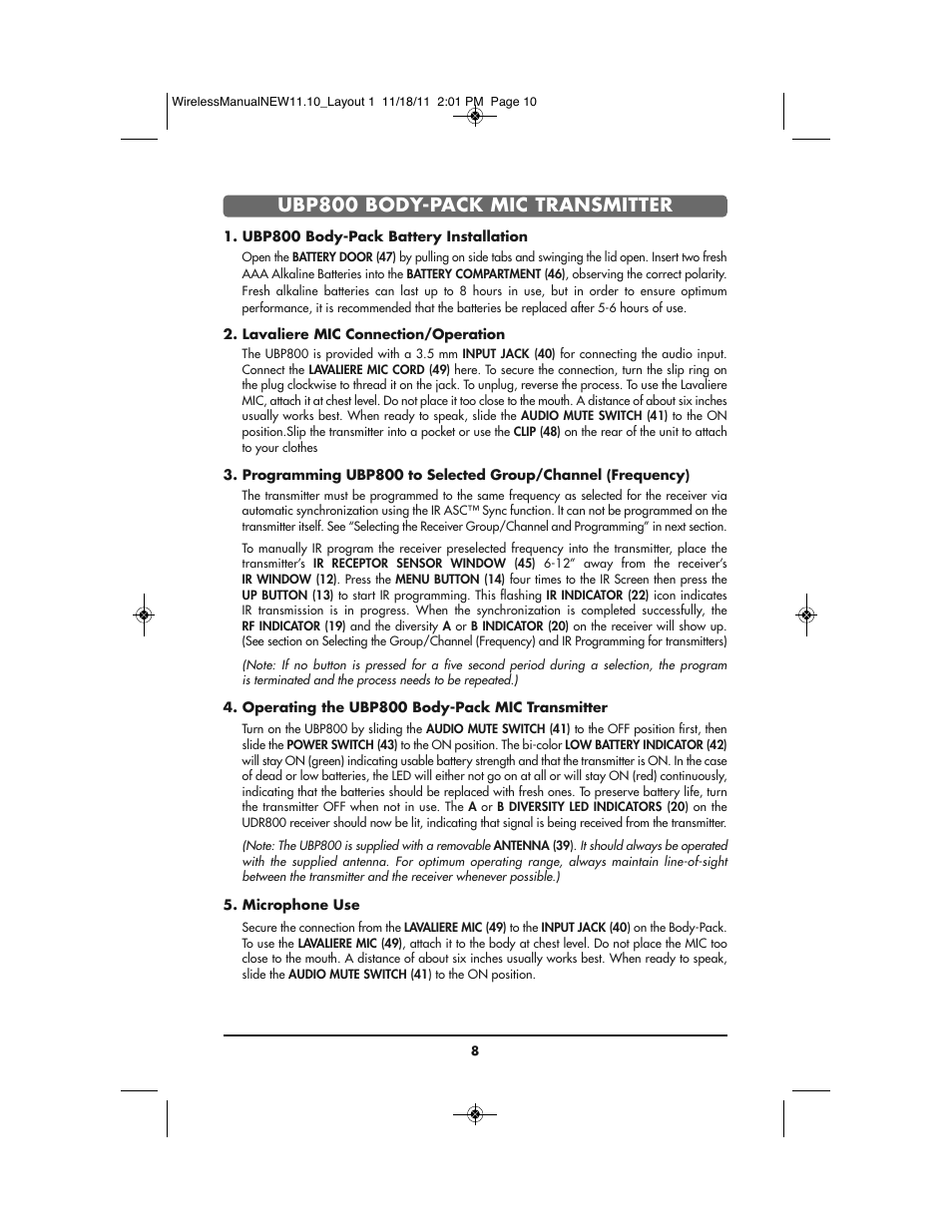Ubp800 body-pack mic transmitter | Bogen UDMS800BP User Manual | Page 10 / 20