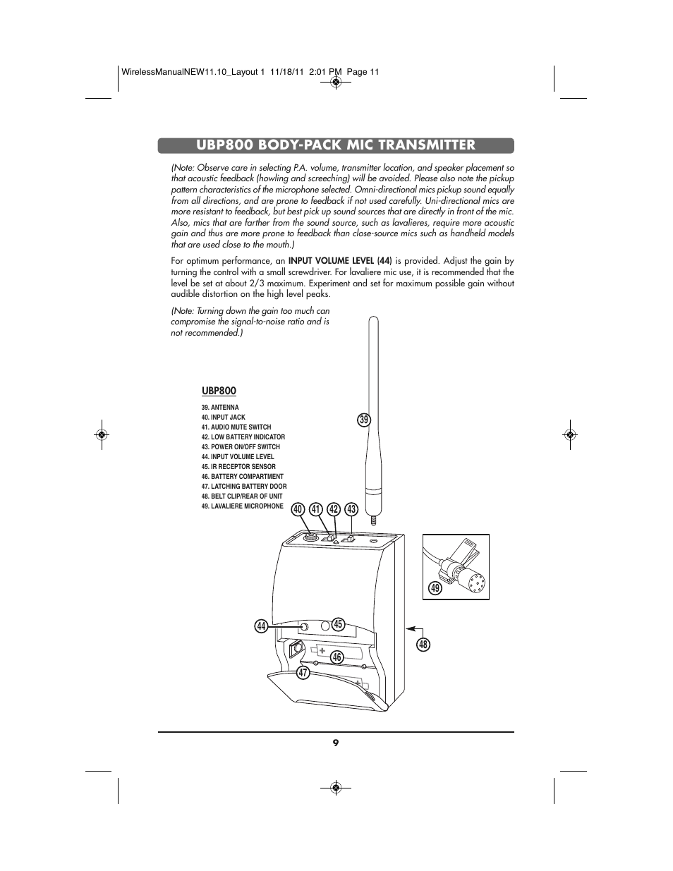 Ubp800 body-pack mic transmitter | Bogen UDMS800BP User Manual | Page 11 / 20