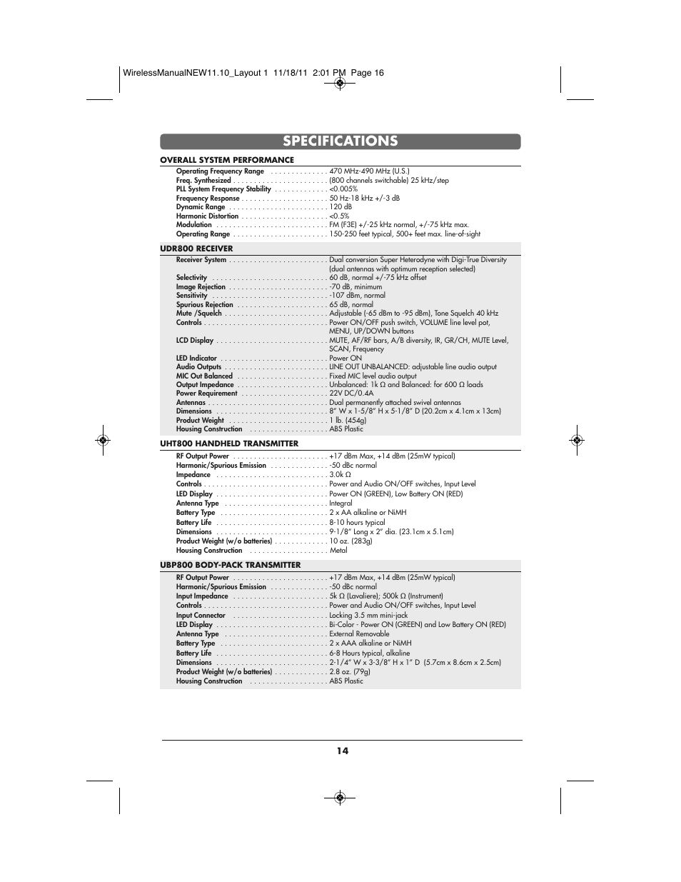 Specifications | Bogen UDMS800BP User Manual | Page 16 / 20
