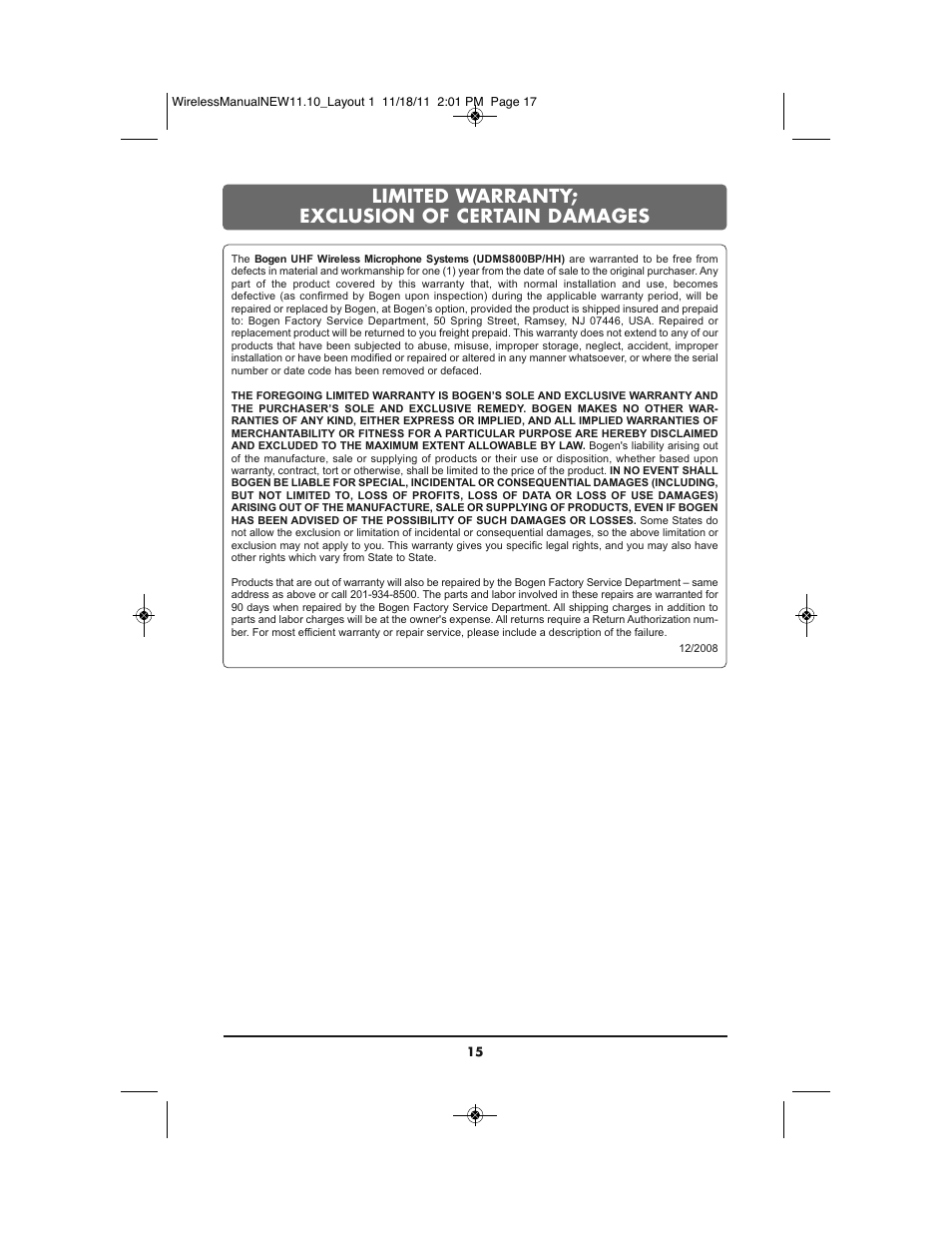 Limited warranty; exclusion of certain damages | Bogen UDMS800BP User Manual | Page 17 / 20