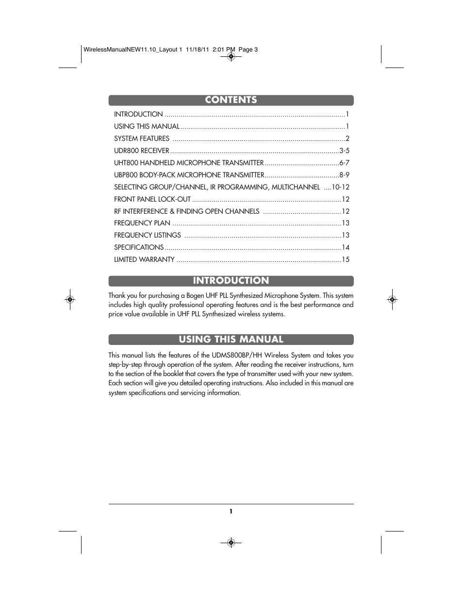 Contents introduction using this manual | Bogen UDMS800BP User Manual | Page 3 / 20