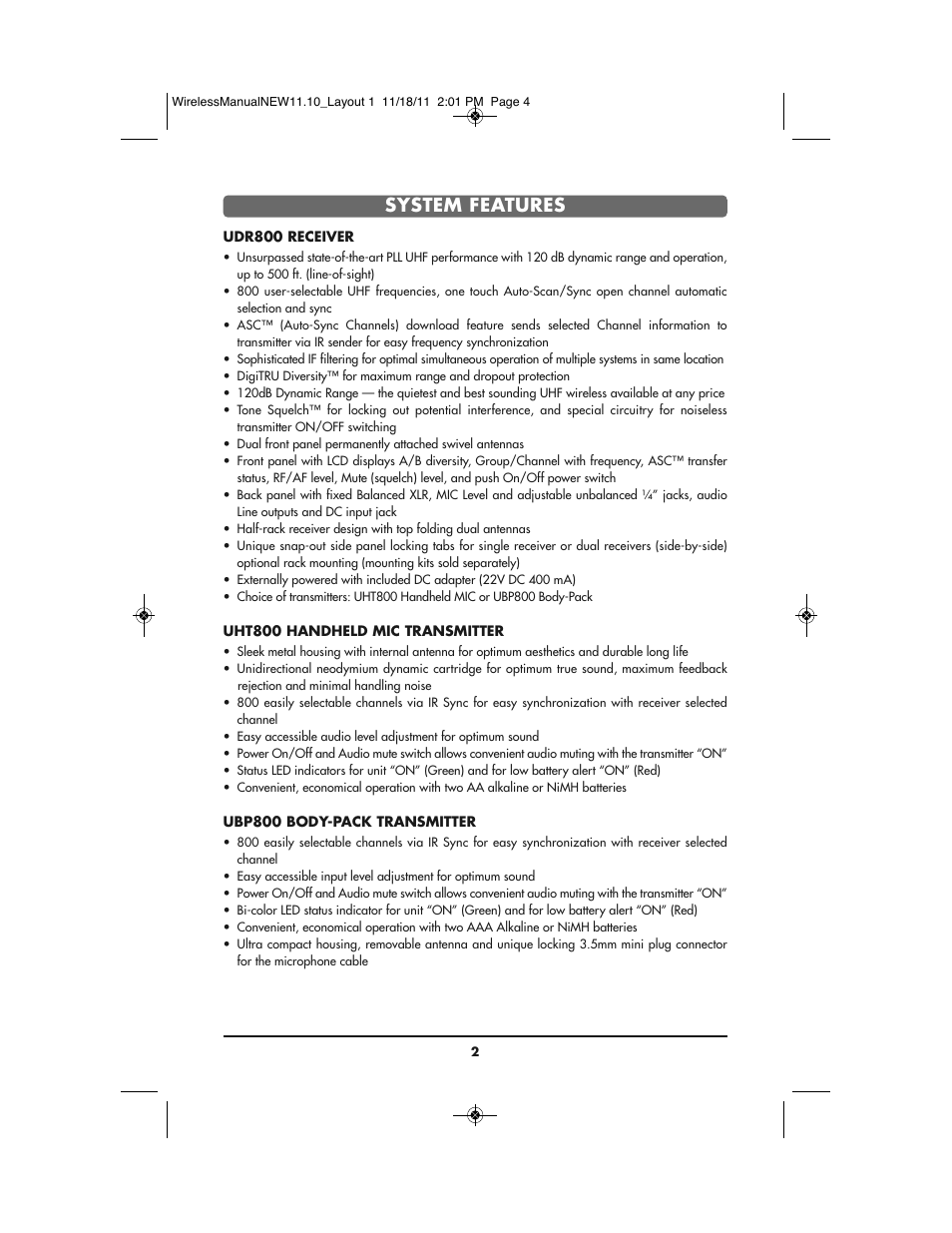 System features | Bogen UDMS800BP User Manual | Page 4 / 20