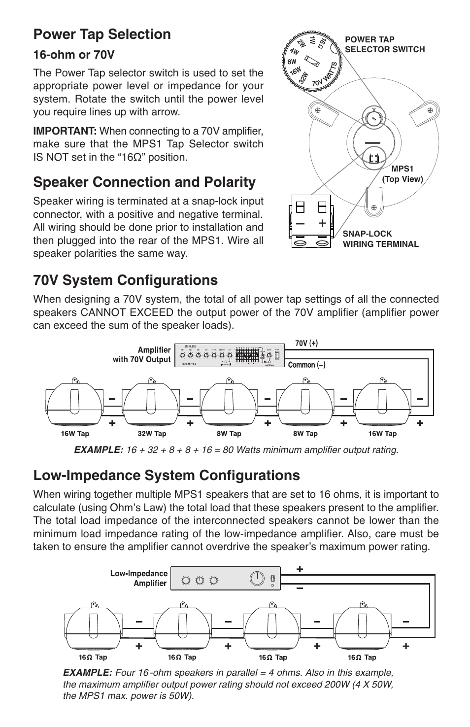 Power tap selection, Speaker connection and polarity, 70v system configurations | Low-impedance system configurations | Bogen MPS1W User Manual | Page 2 / 4