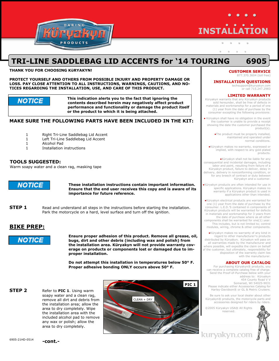 Kuryakyn 6905 TRI-LINE SADDLEBAG LID ACCENTS for 14 TOURING User Manual | 2 pages