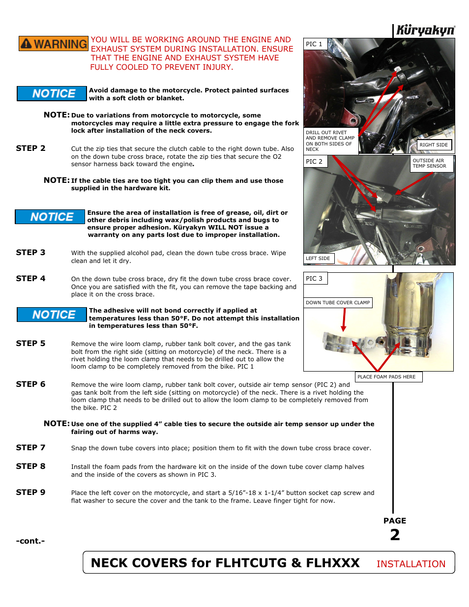 Neck covers for flhtcutg & flhxxx, Installation | Kuryakyn 7228 DELUXE NECK COVERS for FLHTCUTG & FLHXXX User Manual | Page 2 / 3