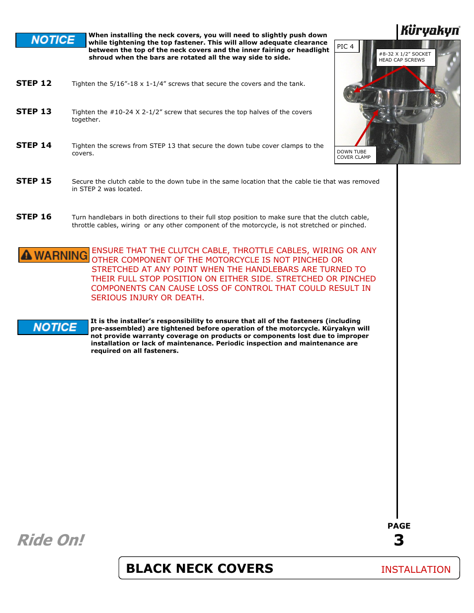 Ride on, Black neck covers, Installation | Kuryakyn 7865 BLACK NECK COVERS User Manual | Page 3 / 3