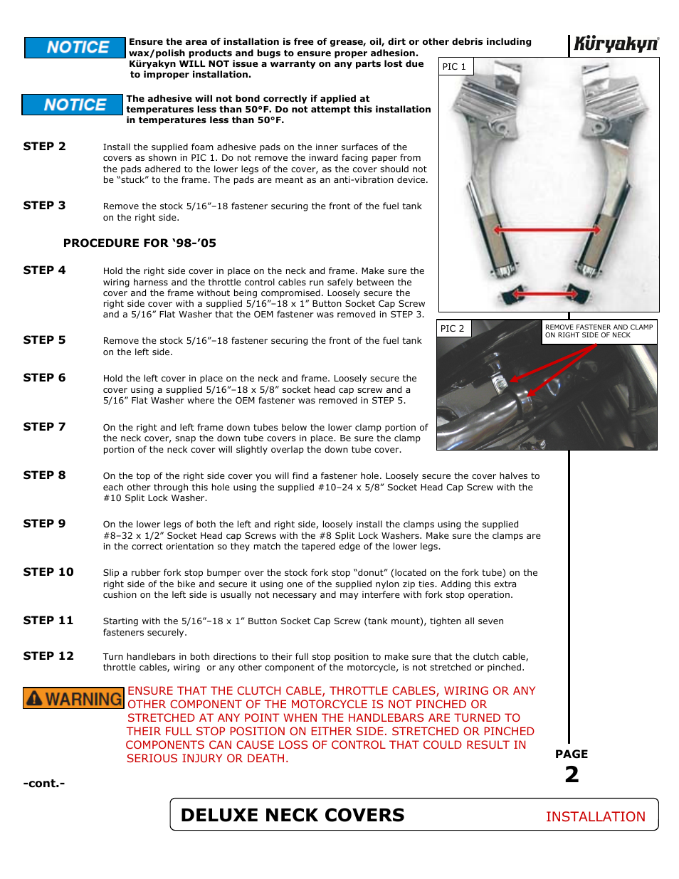 Deluxe neck covers, Installation | Kuryakyn 8146 DELUXE NECK COVERS User Manual | Page 2 / 3