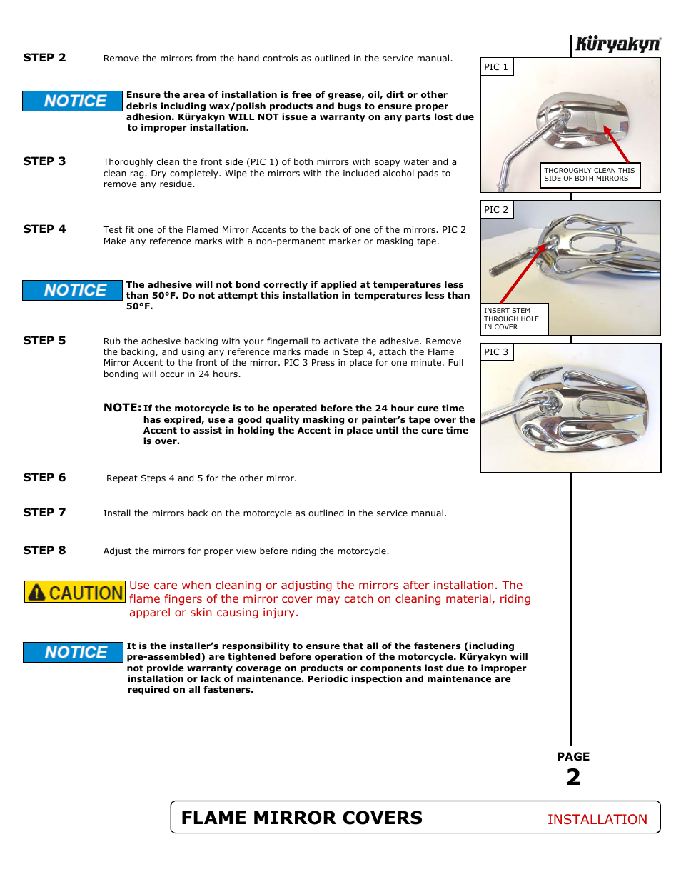 Ride on, Flame mirror covers, Installation | Kuryakyn 1753 FLAMED MIRROR ACCENTS User Manual | Page 2 / 2