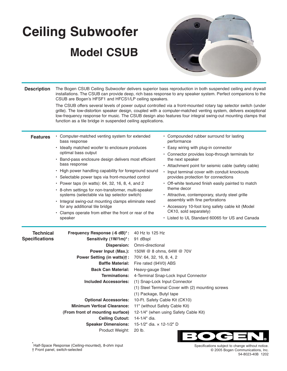 Bogen Ceiling Subwoofer CSUB User Manual | 2 pages
