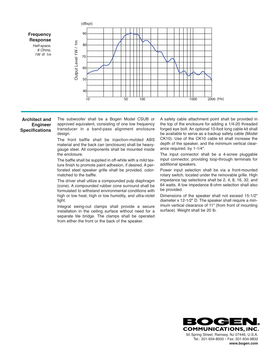 Bogen Ceiling Subwoofer CSUB User Manual | Page 2 / 2