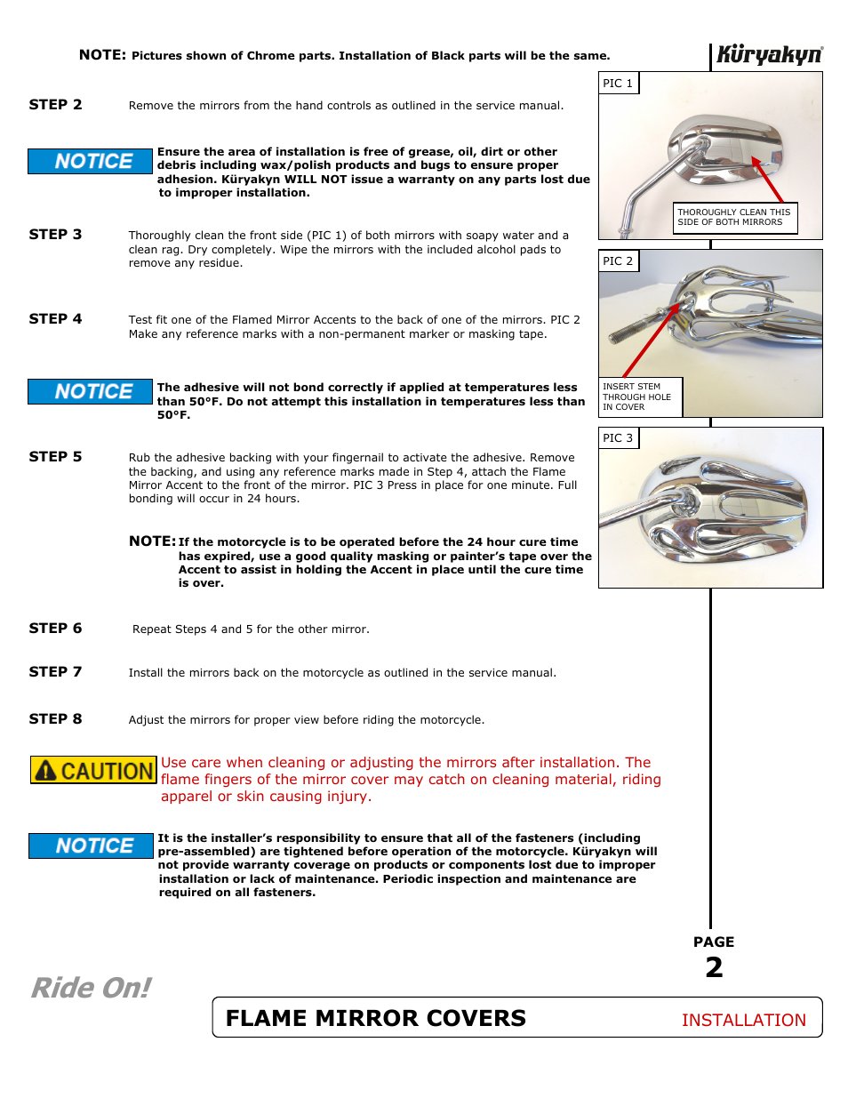 Ride on, Flame mirror covers, Installation | Kuryakyn 1754 FLAMED MIRROR ACCENTS User Manual | Page 2 / 2