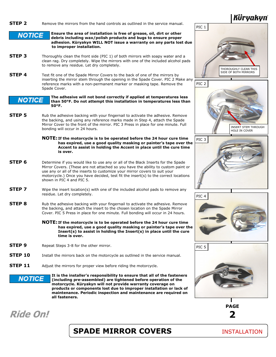 Ride on, Spade mirror covers, Installation | Kuryakyn 1755 SPADE MIRROR COVERS User Manual | Page 2 / 2