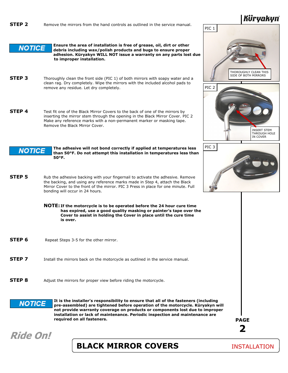 Ride on, Black mirror covers, Installation | Kuryakyn 1756 BLACK MIRROR COVERS User Manual | Page 2 / 2