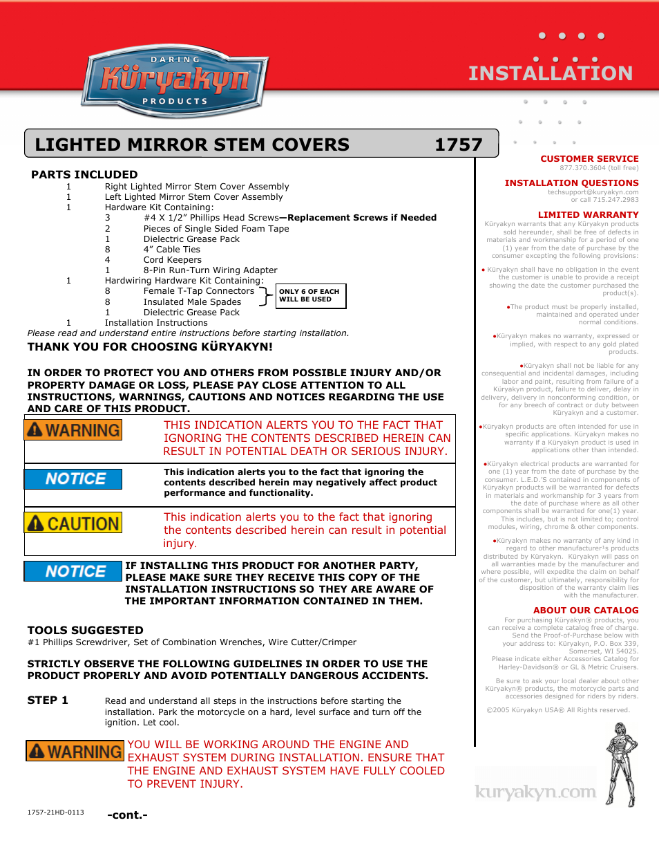 Kuryakyn 1757 LIGHTED MIRROR STEM COVERS User Manual | 4 pages