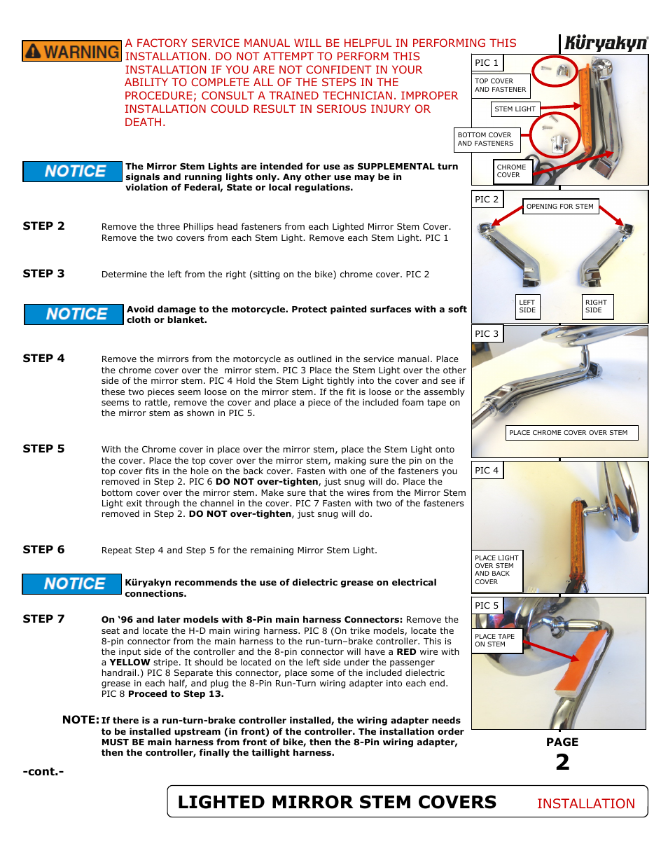 Lighted mirror stem covers, Installation | Kuryakyn 1757 LIGHTED MIRROR STEM COVERS User Manual | Page 2 / 4